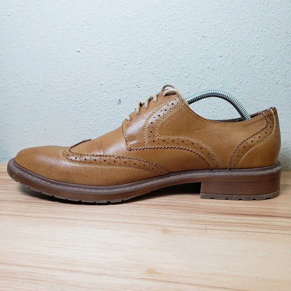 Wingtip Oxford Shoes Light Brown Borogue Perforated Faux Leather Office 11.5